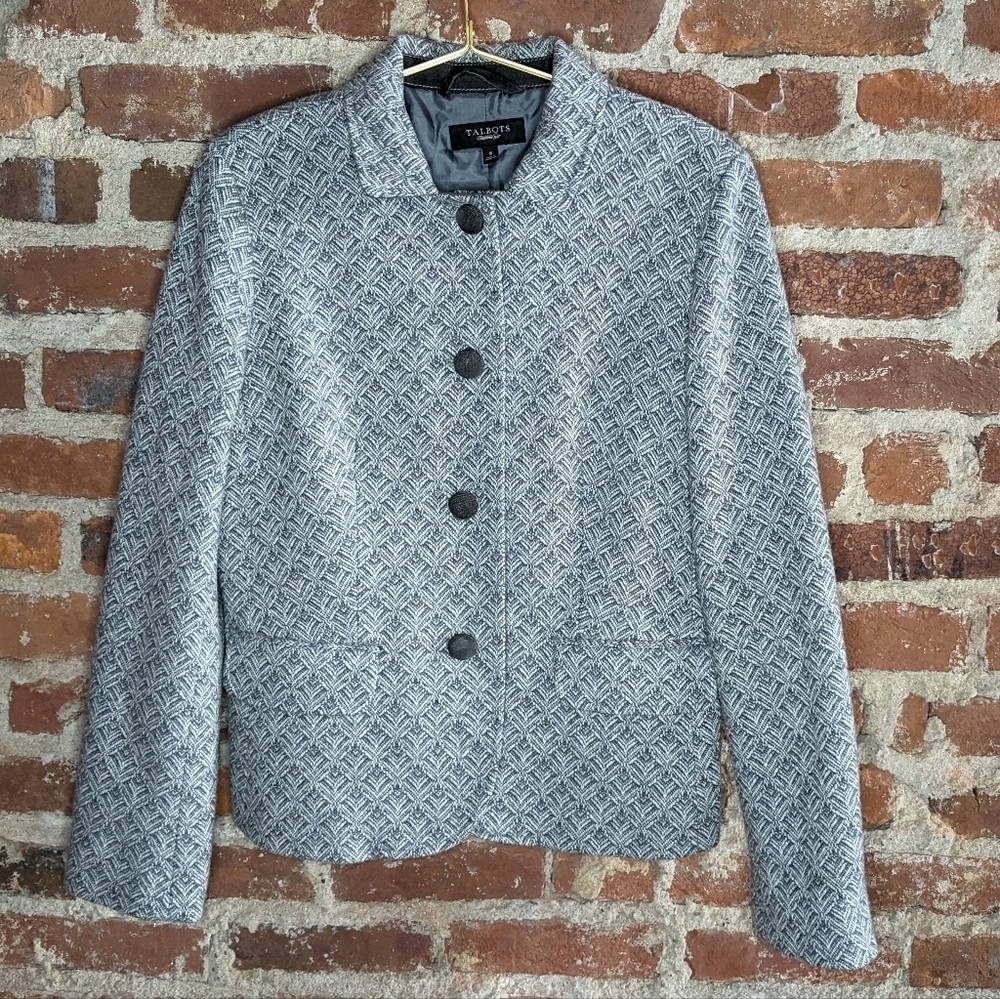Talbots Size 8 Gray & Off White Wool Blend‎ Button Down Blazer Jacket